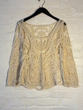 Boho Chic Elegant Ivory Bell Sleeve shear Embroidered / Lace Top